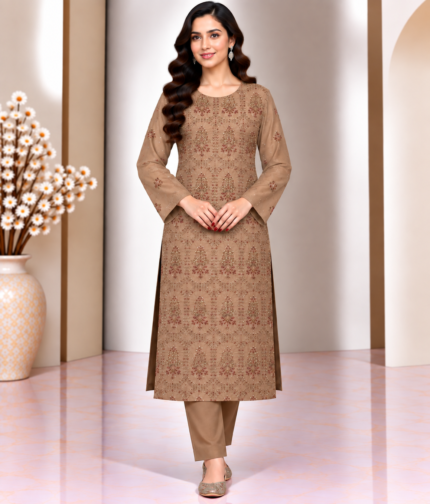 Taupe beige silk shirt with intricate handwork and matching embroidered sleeves front view