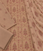 Taupe beige silk handwork fabric with embroidered sleeves trouser and chiffon dupatta closeup
