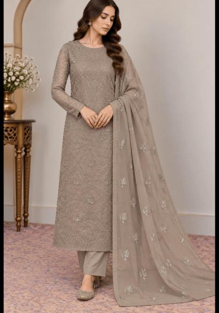 Taupe grey chiffon embroidered 3 piece Pakistani suit with matching dupatta