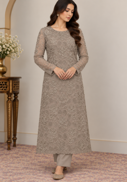 Taupe grey embroidered chiffon Pakistani suit without dupatta