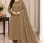Taupe velvet embroidered 3 piece suit with matching trousers and embroidered velvet dupatta