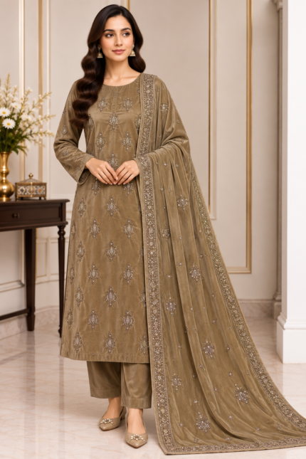 Taupe velvet embroidered 3 piece suit with matching trousers and embroidered velvet dupatta