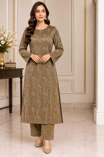 Taupe velvet embroidered 3 piece suit with matching trousers shown in front pose without dupatta