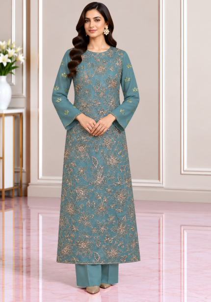 Teal blue chiffon embroidered 3 piece suit front pose
