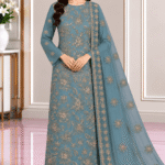 Teal blue chiffon embroidered 3 piece suit with embroidered dupatta