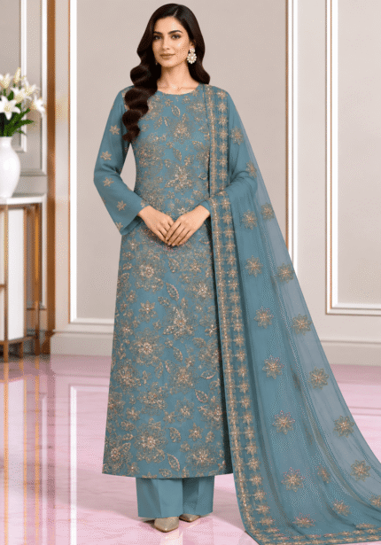 Teal blue chiffon embroidered 3 piece suit with embroidered dupatta