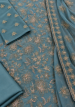 Teal blue chiffon unstitched suit fabric embroidery closeup