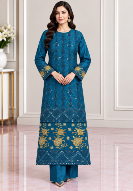 Teal blue silk 3 piece suit front pose without dupatta