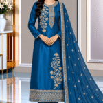 Teal blue silk 3 piece suit with embroidered shirt and matching chiffon dupatta