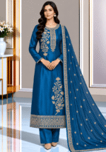 Teal blue silk 3 piece suit with embroidered shirt and matching chiffon dupatta