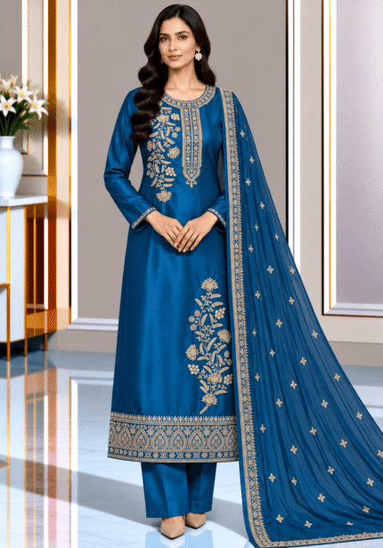 Teal blue silk 3 piece suit with embroidered shirt and matching chiffon dupatta