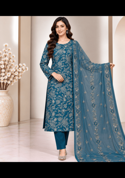Teal blue silk 3 piece suit with all over embroidery and embroidered chiffon dupatta front pose