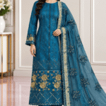 Teal blue silk 3 piece suit with embroidered silk dupatta
