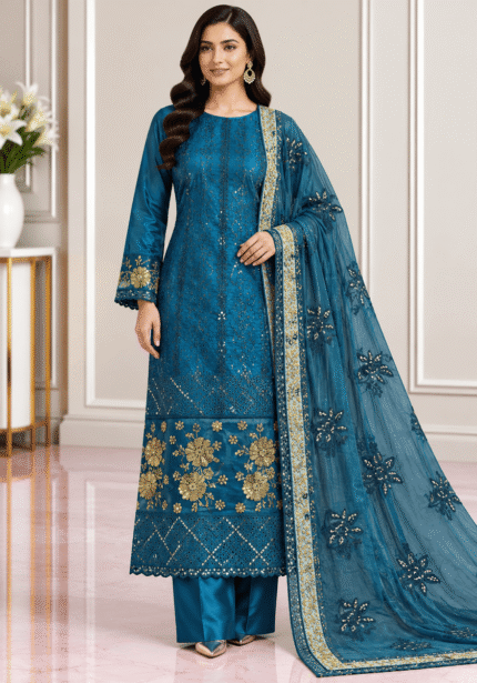Teal blue silk 3 piece suit with embroidered silk dupatta