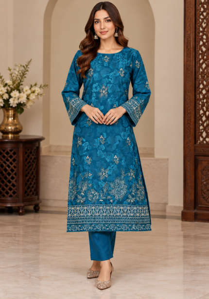 Teal blue silk embroidered 3 piece suit front pose without dupatta