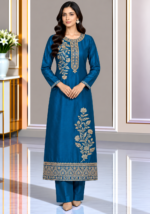 Teal blue silk embroidered shirt with floral motifs and detailed neckline