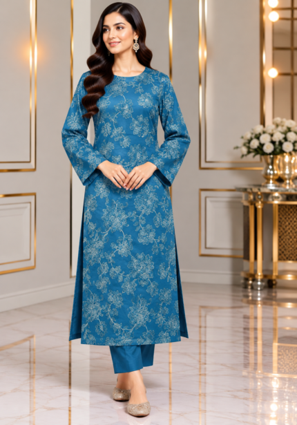 Teal blue silk embroidered 3 piece unstitched suit with floral shirt and matching trouser