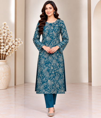 Teal blue silk embroidered 3 piece suit front view without dupatta