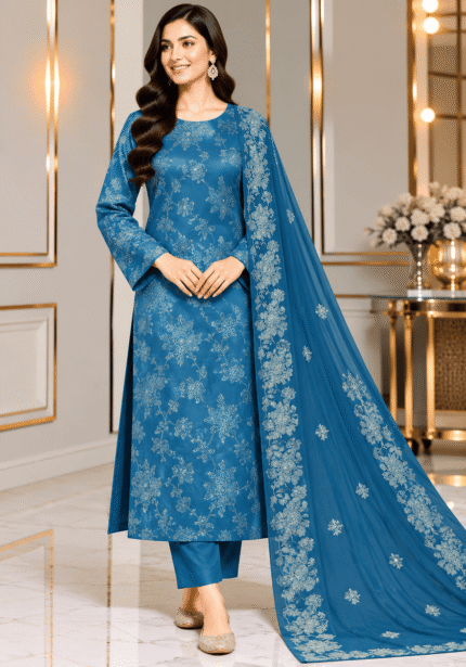 Teal blue silk embroidered 3 piece suit with floral embroidered chiffon dupatta