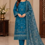 Teal blue silk embroidered 3 piece suit with floral embroidered dupatta