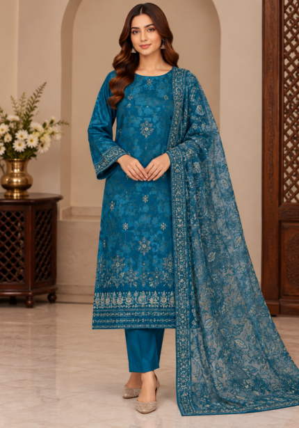 Teal blue silk embroidered 3 piece suit with floral embroidered dupatta