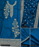 Teal blue silk unstitched fabric with detailed gold embroidery closeup