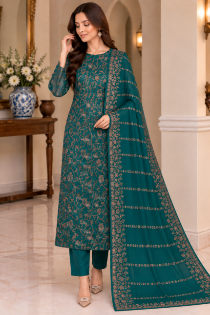 Teal Shafoon 3-piece suit with embroidered floral dupatta and matching trouser