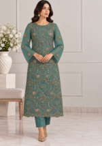 Teal green chiffon handmade embroidered 3 piece suit with dupatta