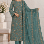 Women’s teal green handmade embroidered chiffon 3 piece suit