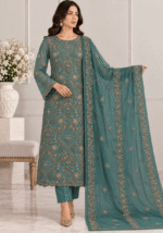 Women’s teal green handmade embroidered chiffon 3 piece suit
