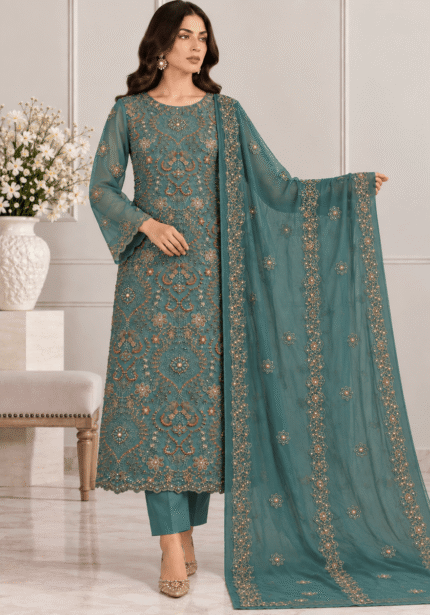 Women’s teal green handmade embroidered chiffon 3 piece suit