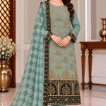 Teal Masoori Cotton 3 piece embroidered suit with printed dupatta