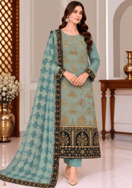Teal Masoori Cotton 3 piece embroidered suit with printed dupatta