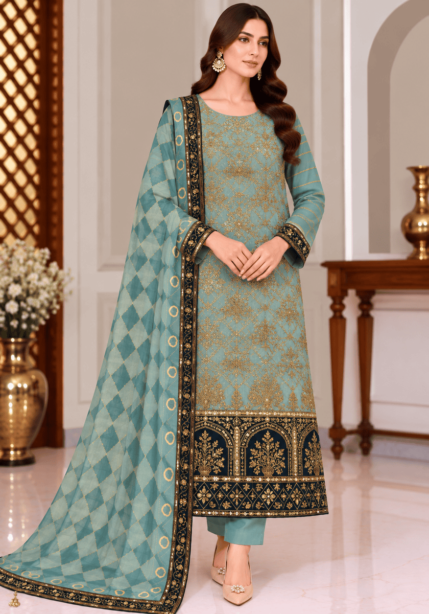 Teal Masoori Cotton 3 Piece Suit With Dupatta Teal Masoori Cotton 3 piece embroidered suit with printed dupatta
