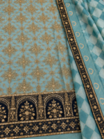 Teal Masoori Cotton embroidered unstitched fabric closeup with geometric shirt design