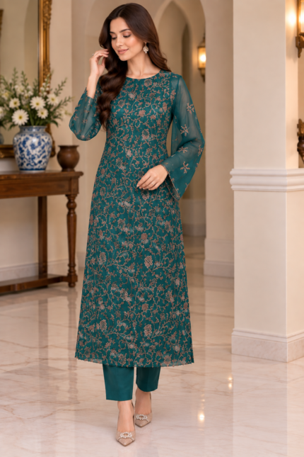 Teal embroidered Shafoon 3-piece unstitched suit front view with matching trouser