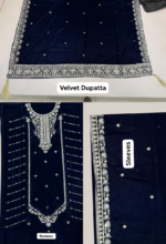 Navy blue velvet unstitched 3-piece suit with intricate silver embroidery, embroidered kameez, matching sleeves, and bordered velvet dupatta.