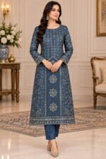 Luxury Embroidered Silk 3 Piece Suit with Chiffon Dupatta - Image 2