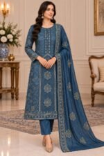 Luxury Embroidered Silk 3 Piece Suit with Chiffon Dupatta
