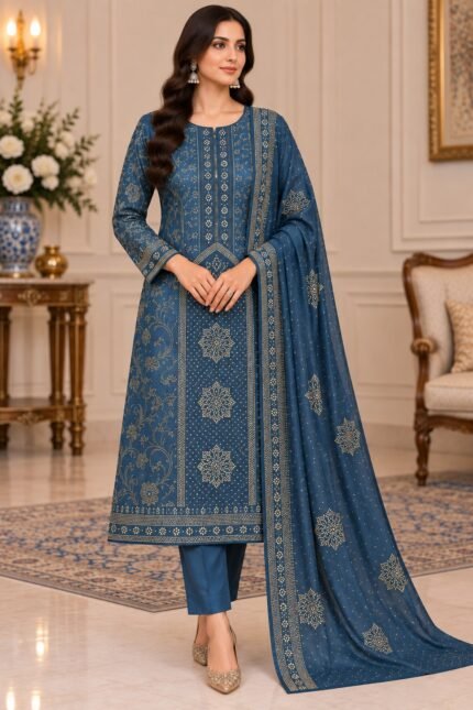 Luxury Embroidered Silk 3 Piece Suit with Chiffon Dupatta