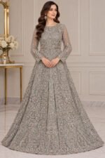 Luxury Grey Embroidered Maxi with Net Dupatta – Elegant Wedding & Party Wear - Image 2