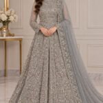 Luxury Grey Embroidered Maxi with Net Dupatta – Elegant Wedding & Party Wear