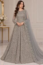 Luxury Grey Embroidered Maxi with Net Dupatta – Elegant Wedding & Party Wear