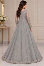 Luxury Grey Embroidered Maxi with Net Dupatta – Elegant Wedding & Party Wear - Image 3