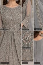 Luxury Grey Embroidered Maxi with Net Dupatta – Elegant Wedding & Party Wear - Image 4