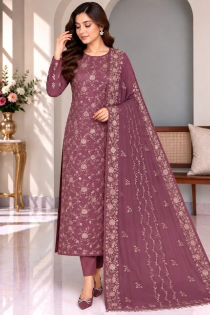 Mauve Embroidered Shafoon 3-Piece Unstitched Suit with White Grip Trouser