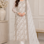 White chiffon embroidered 3 piece suit with chiffon dupatta and grip trouser