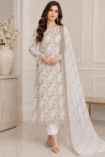 White chiffon embroidered 3 piece suit with chiffon dupatta and grip trouser