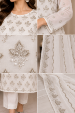 Closeup of white chiffon suit embroidery, sleeves, hem and dupatta detailing