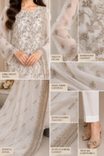 White chiffon embroidered 3 piece suit close up showing shirt embroidery, chiffon sleeves, dupatta, dupatta border and grip trouser